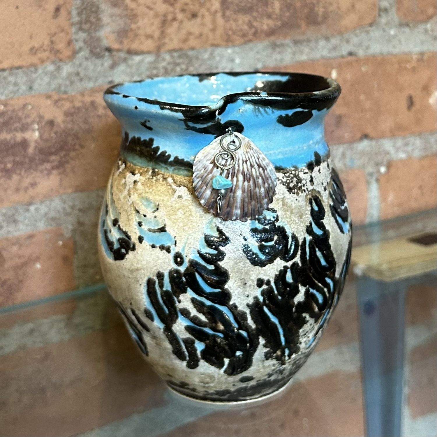 Lane Raku Vessel Tan/Turquoise with Seashell and Turquoise Bead