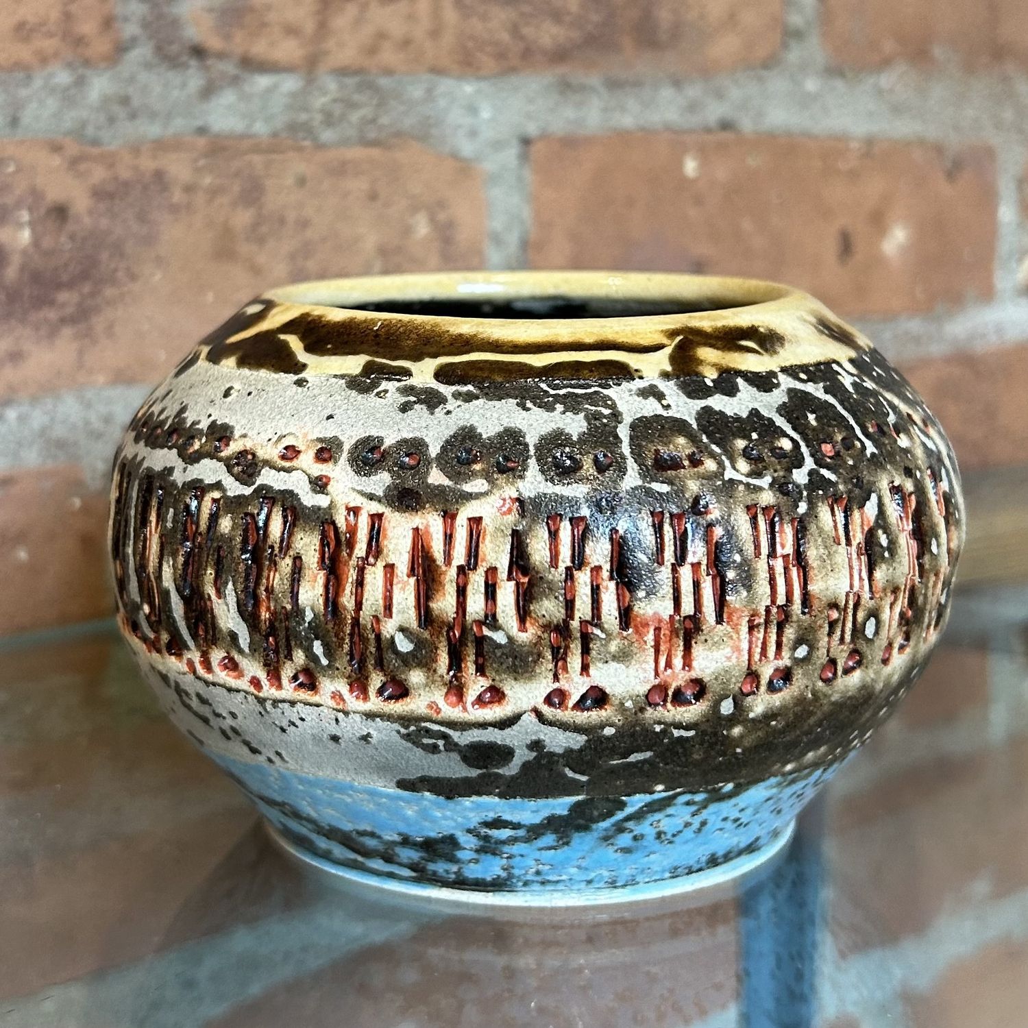 Lane Short Round Raku Vessel Tan/Red/Turquoise