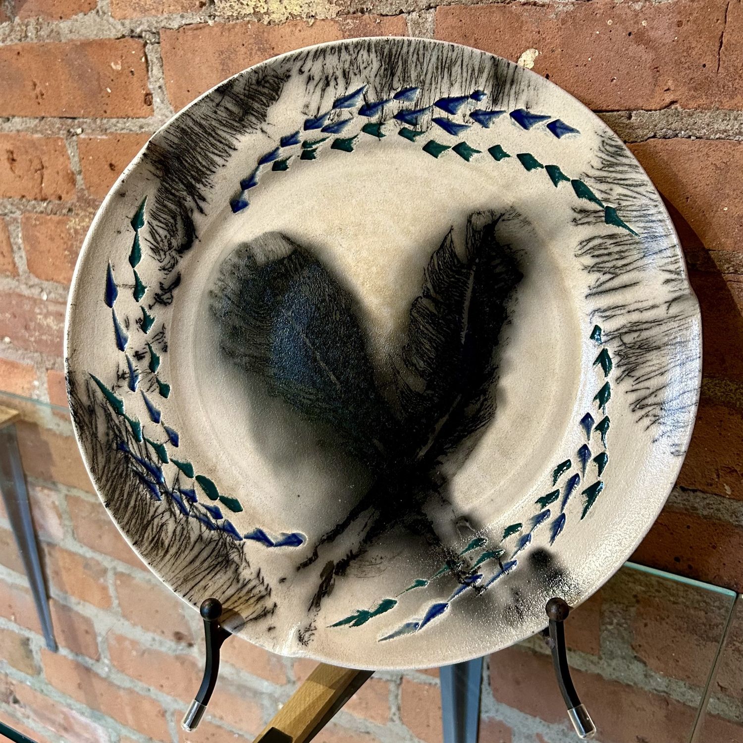 Lane Raku Large Platter Horsehair, Blue/Green Details