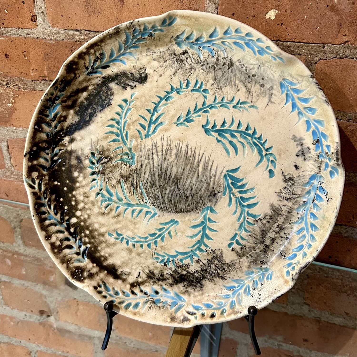 Lane Raku Platter, Horse Hair and Turquoise Leaves