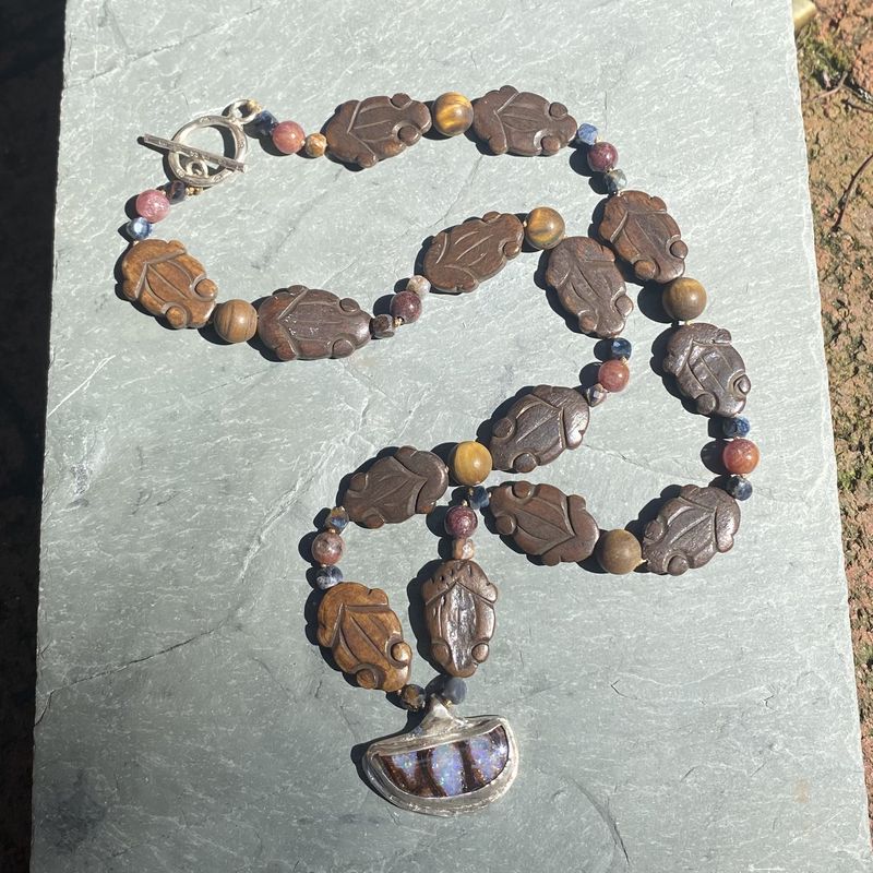 Logan Necklace Australian Opal with Carved Fossilized Wood Beads