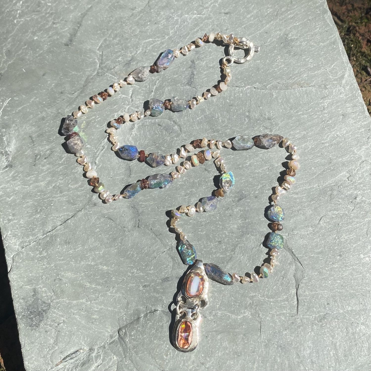Logan Necklace Mexican Fire Opal/Keisi Pearls