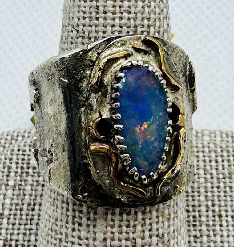 Stendardo Ring Silver with Opal and Saphire Reticulated