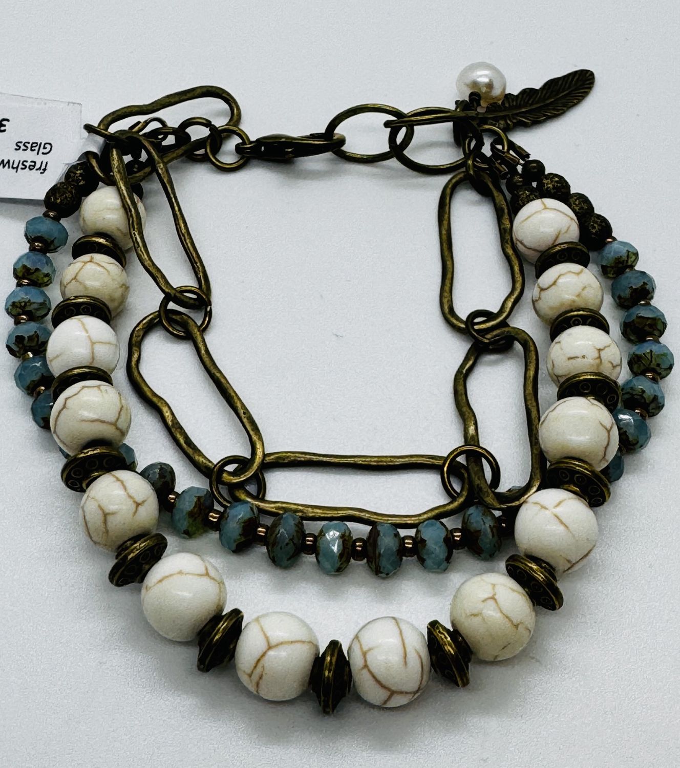 Garnish Bracelet White Howlite Blue Czech Glass Bronze 3 Layers