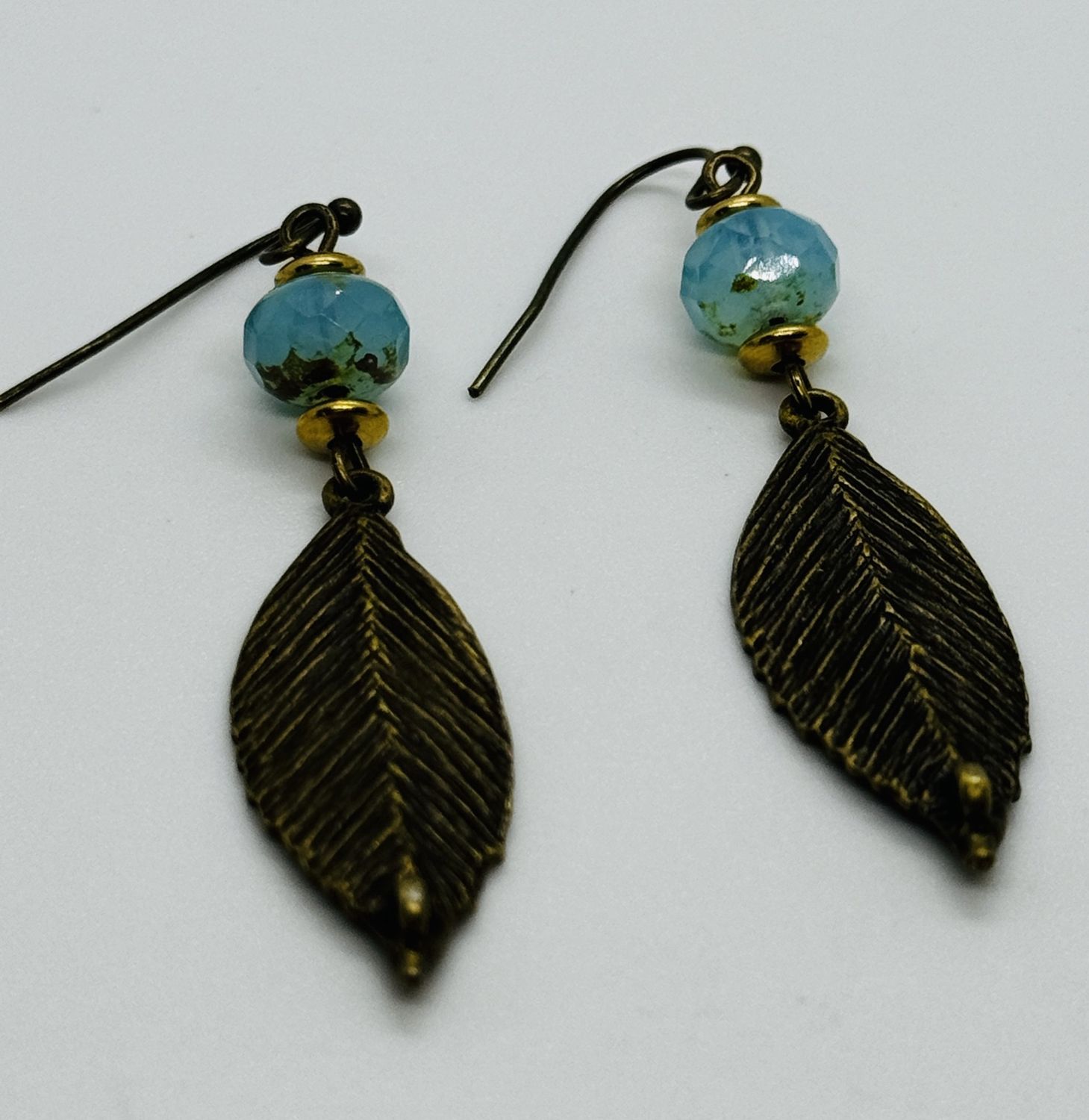 Garnish Earrings Willow Aqua Czech Bead with Bronze Leaf