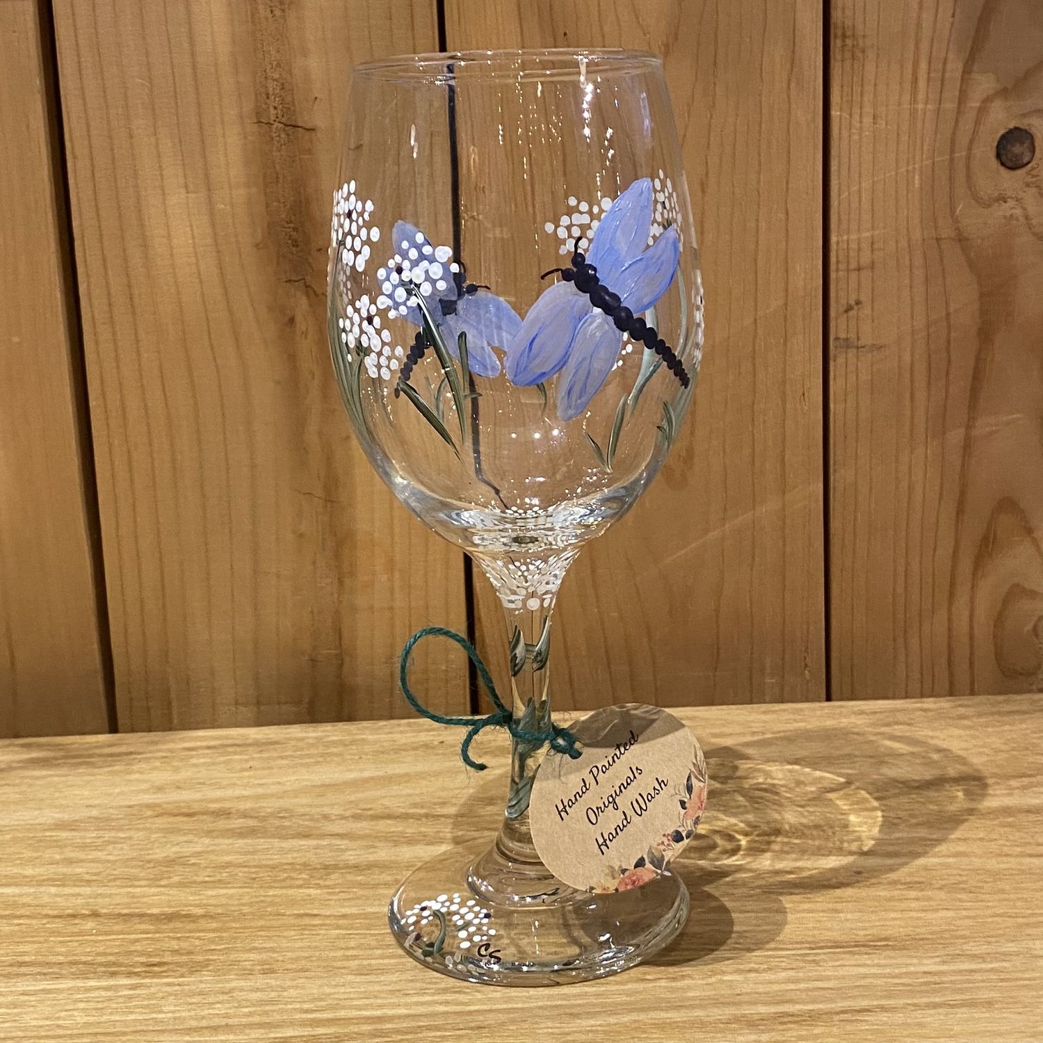 Snyder Hand Painted 20oz Wine Glass Dragonfly W/Queen Ann&#39;s Lace