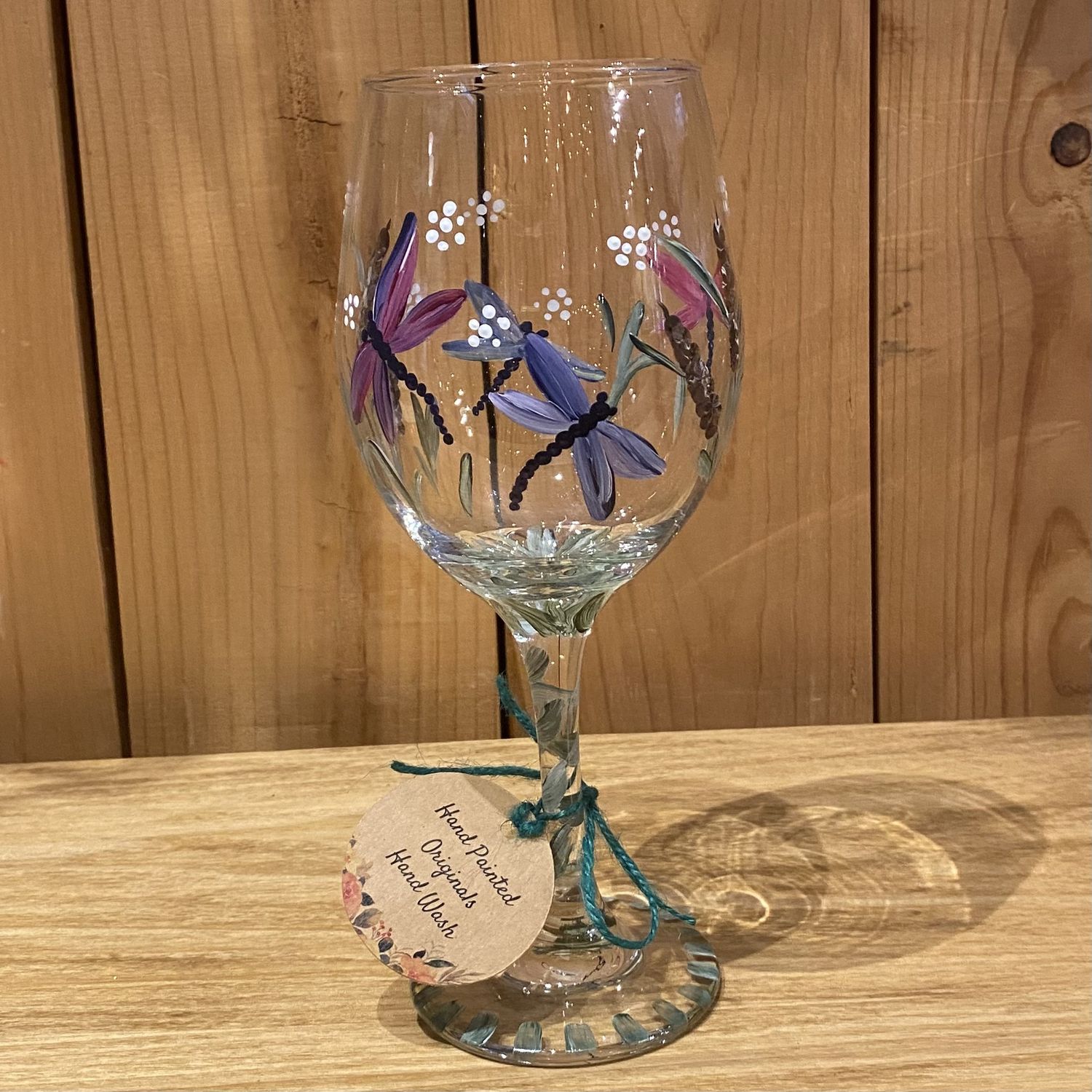 Snyder Hand Painted Wine Glass Dragonflys/Cattails