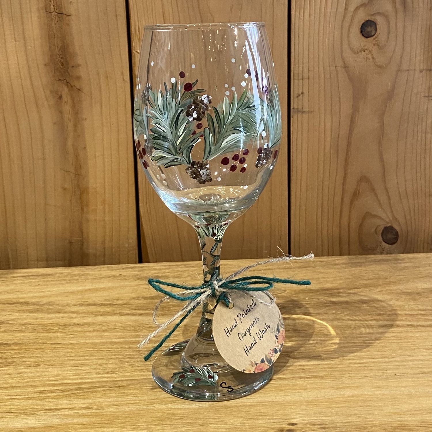 Snyder Hand Painted Wine Glass Boughs and Pinecones Green/Brown