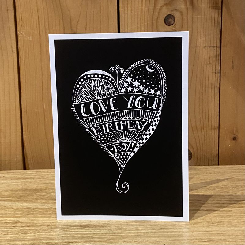 KatKando Card Birthday Boy Heart Black and White