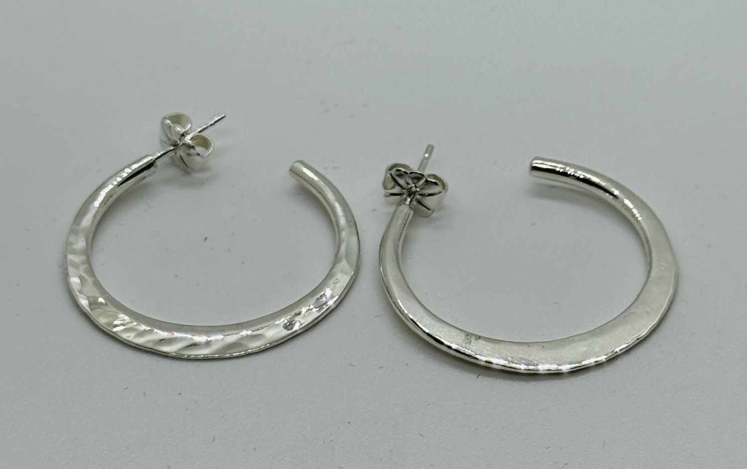 Gray Earrings Silver Hammered Hoop Medium