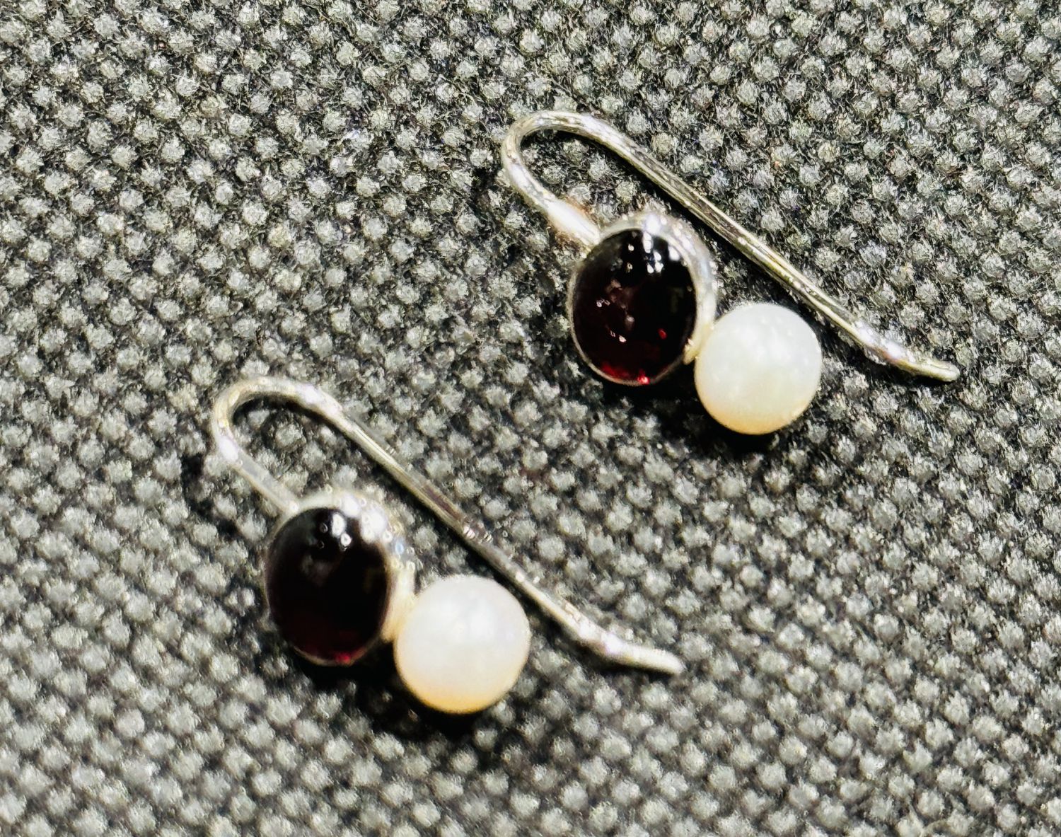 Gray Earrings Garnet and Pearl