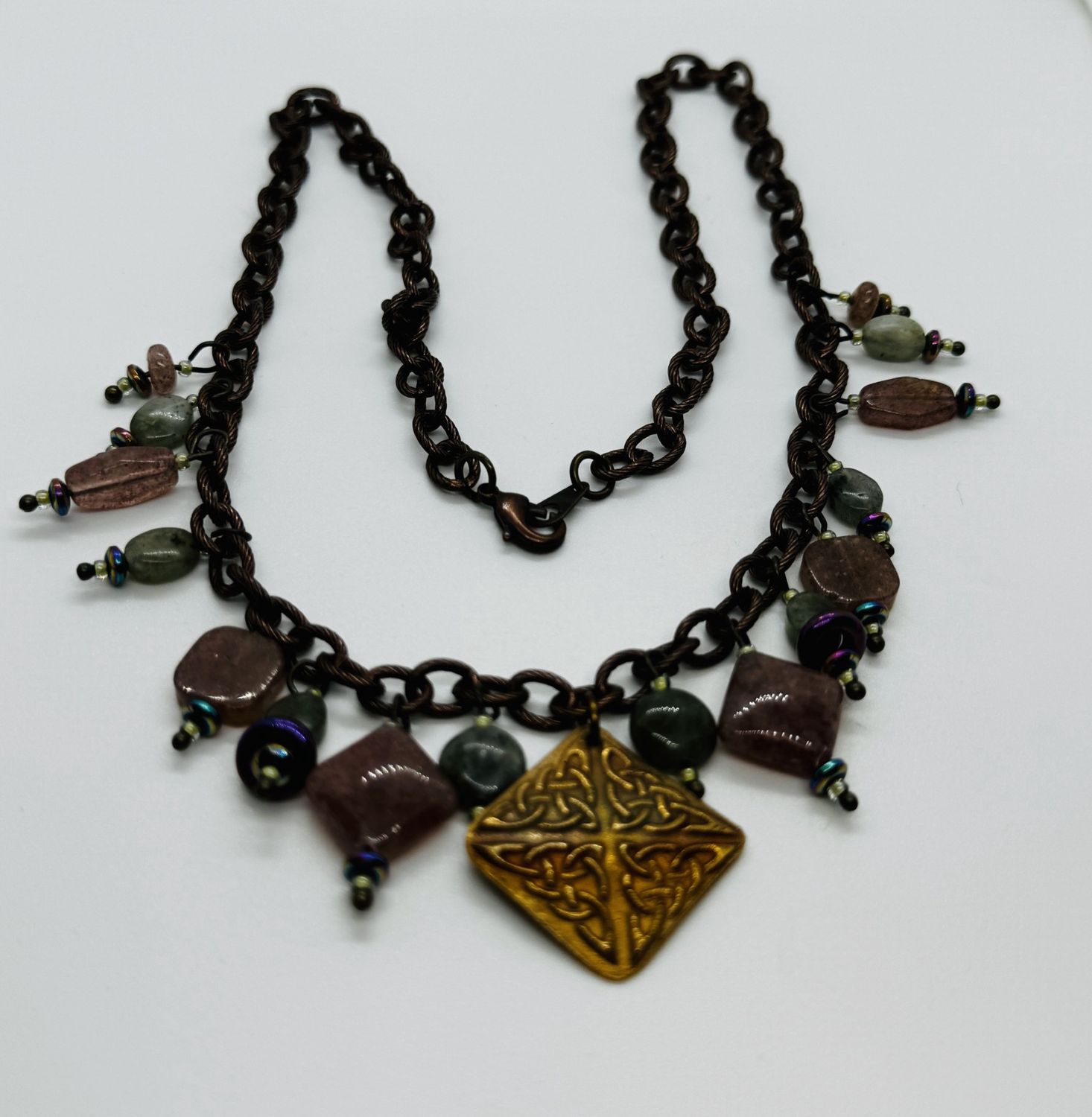 Coller Necklace Plum Jasper and Celtic Bronze Pendant