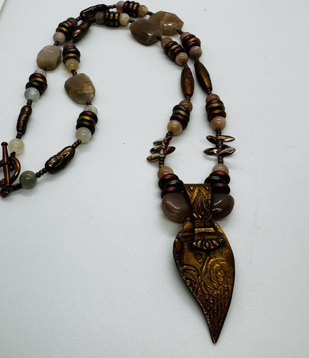 Coller Necklace Bronze Stamped Leaf w/Pink Moonstone