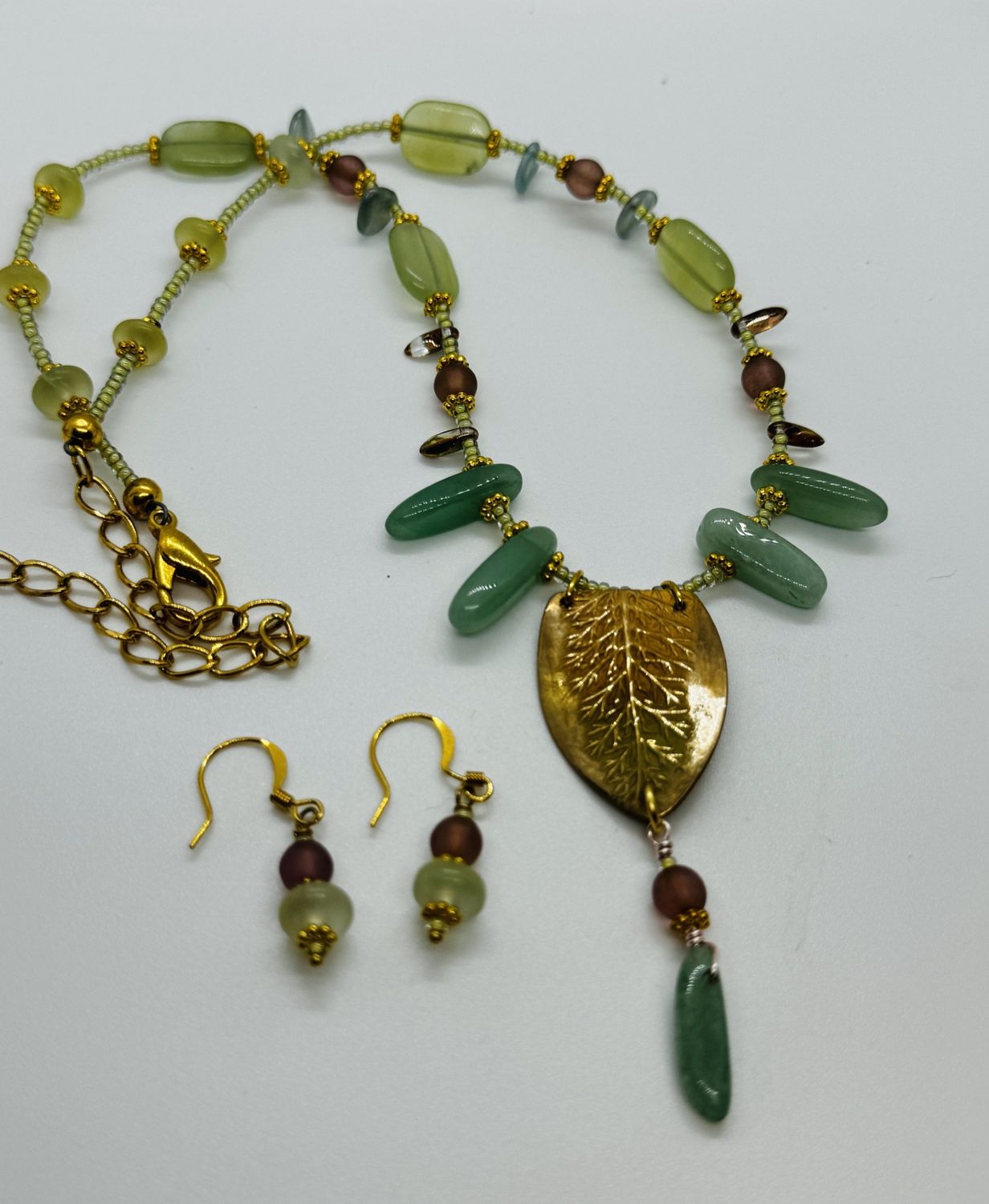 Coller Necklace/Earring Set Green Aventurine and Brass Yarro