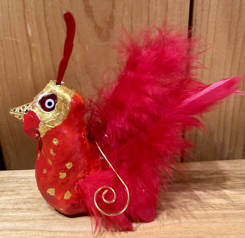 White Chicken Ornament Red/Gold