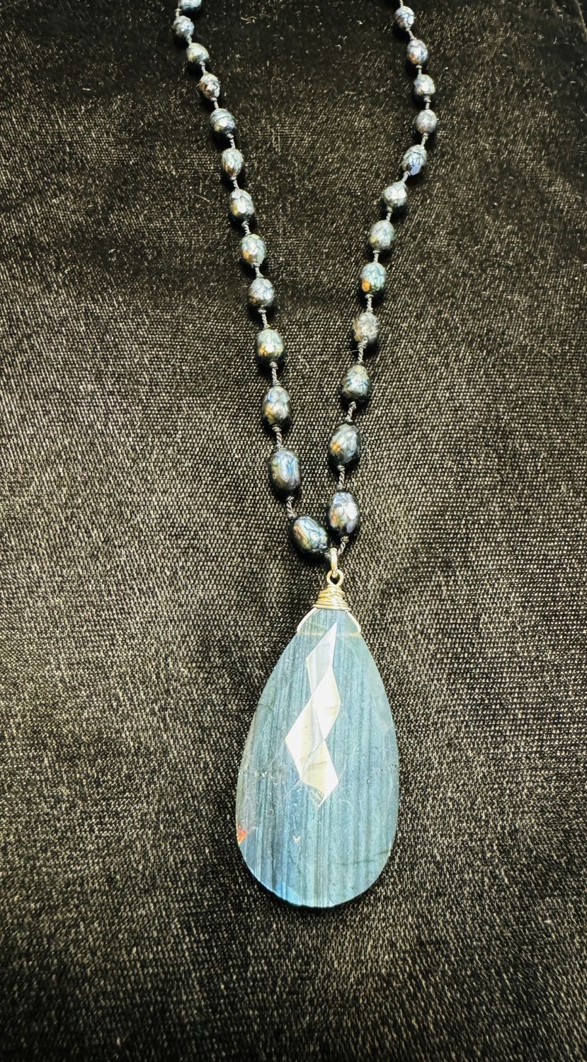 Robb Necklace Labradorite Drop with Tin Cup Longer Faceted Teal Pearls