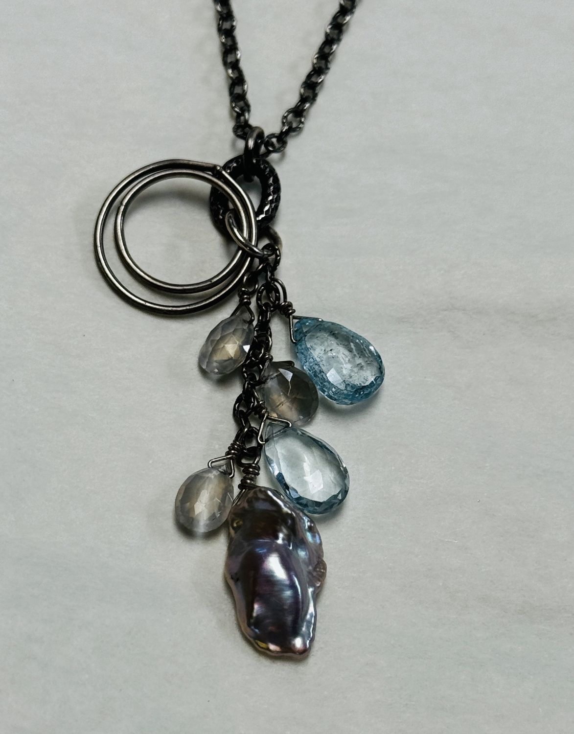 Robb Necklace Cascade Keshi Pearl and Light Blue Topaz