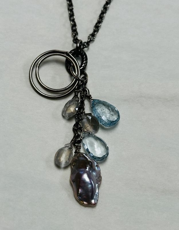 Robb Necklace Cascade Keshi Pearl and Light Blue Topaz