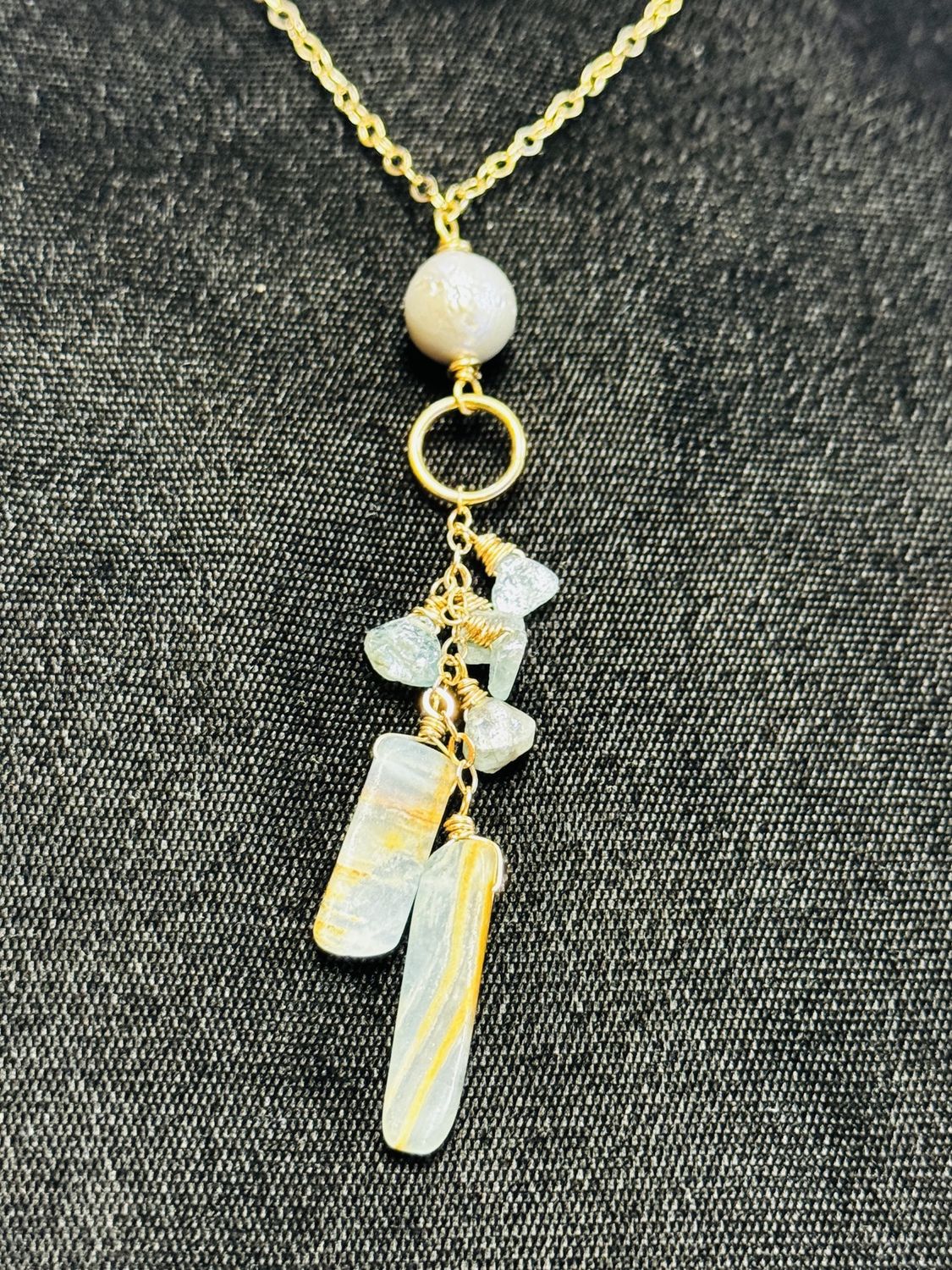 Robb Necklace Raw Kyanite and Silver Pearl on Gold Filled Chain