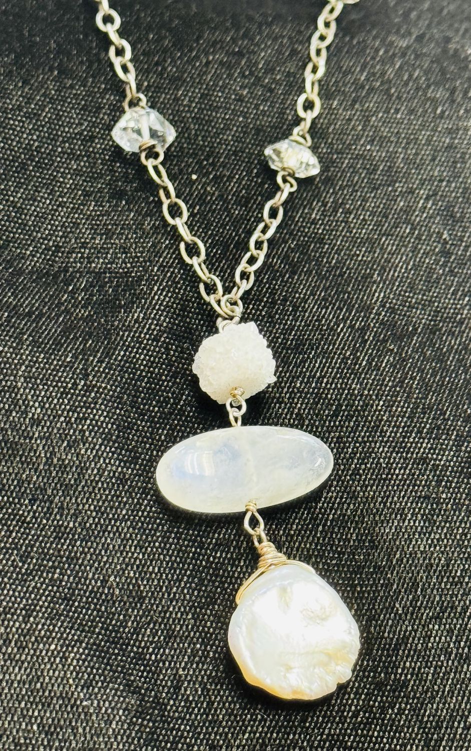 Robb Necklace Kasha Pearl, Moonstone, White Druzy and Herkimer Diamonds
