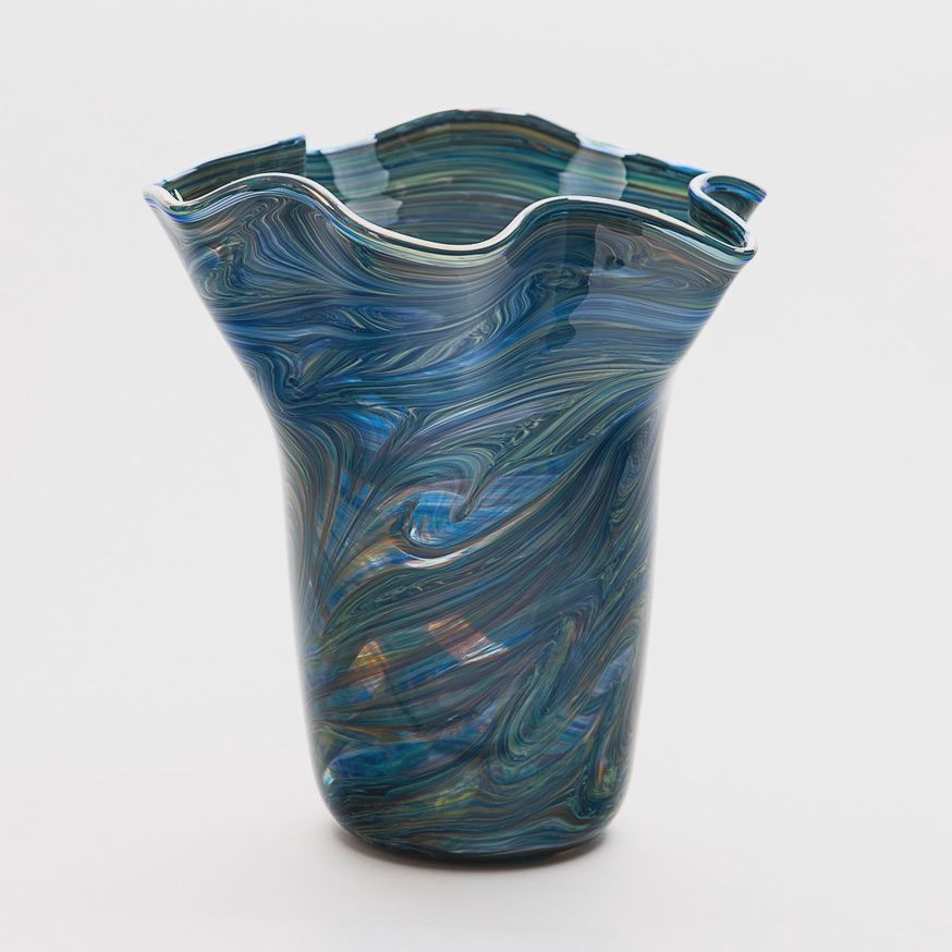 Slow Burn Galss Vase ruffled Top Tall Cobalt