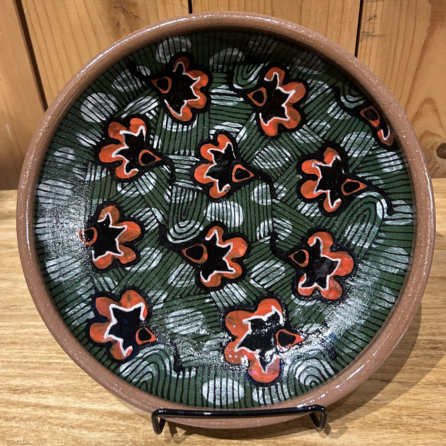 Okechukwu Shallow Bowl Brown/Green with Orange/Black Leaves