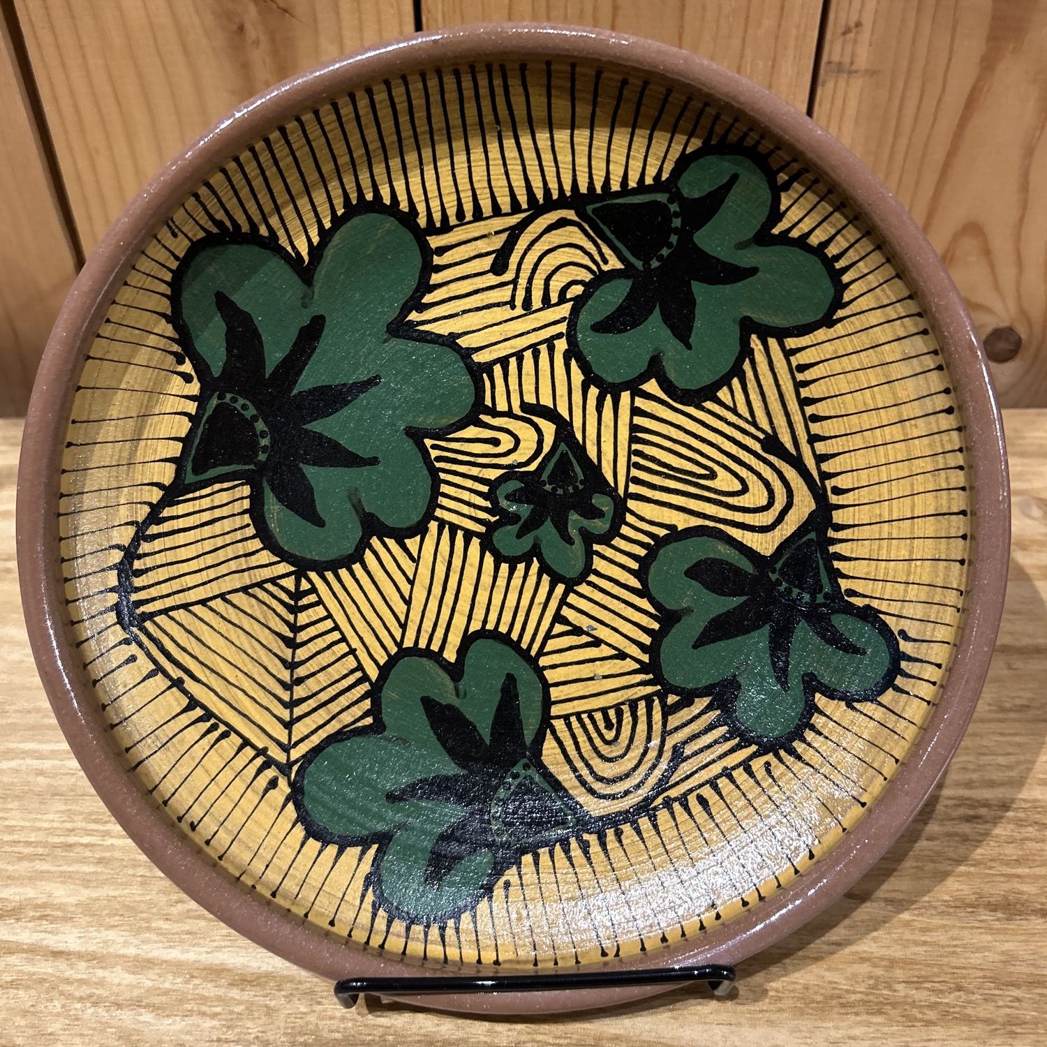 Okechukwu Shallow Bowl Brown/Yellow with Green/Black Leaves