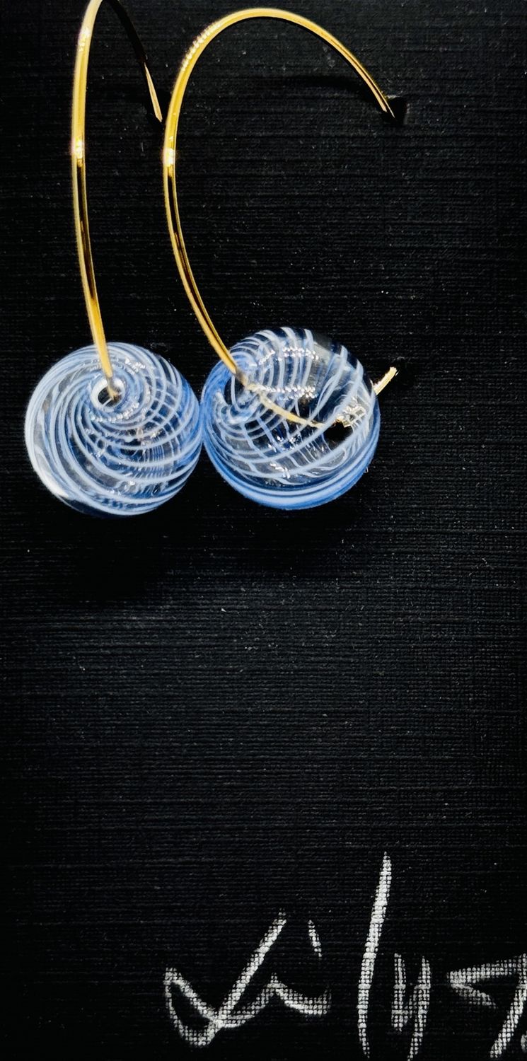 Tsay Earring Blue Striped Glass on Gold Wire