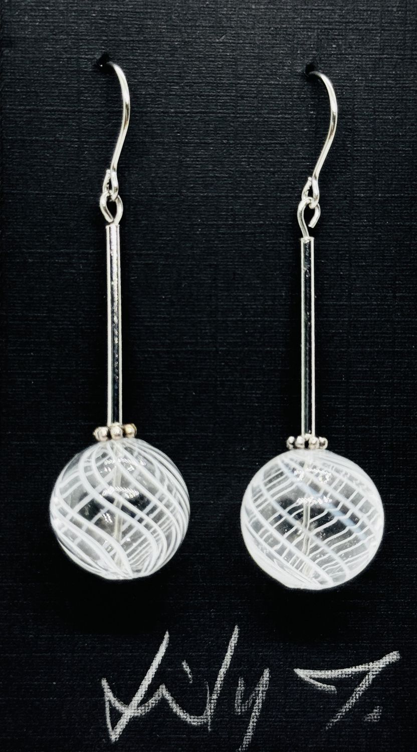 Tsay Earring Small Clear Glass Bead W/White Stripes on Silver Tube