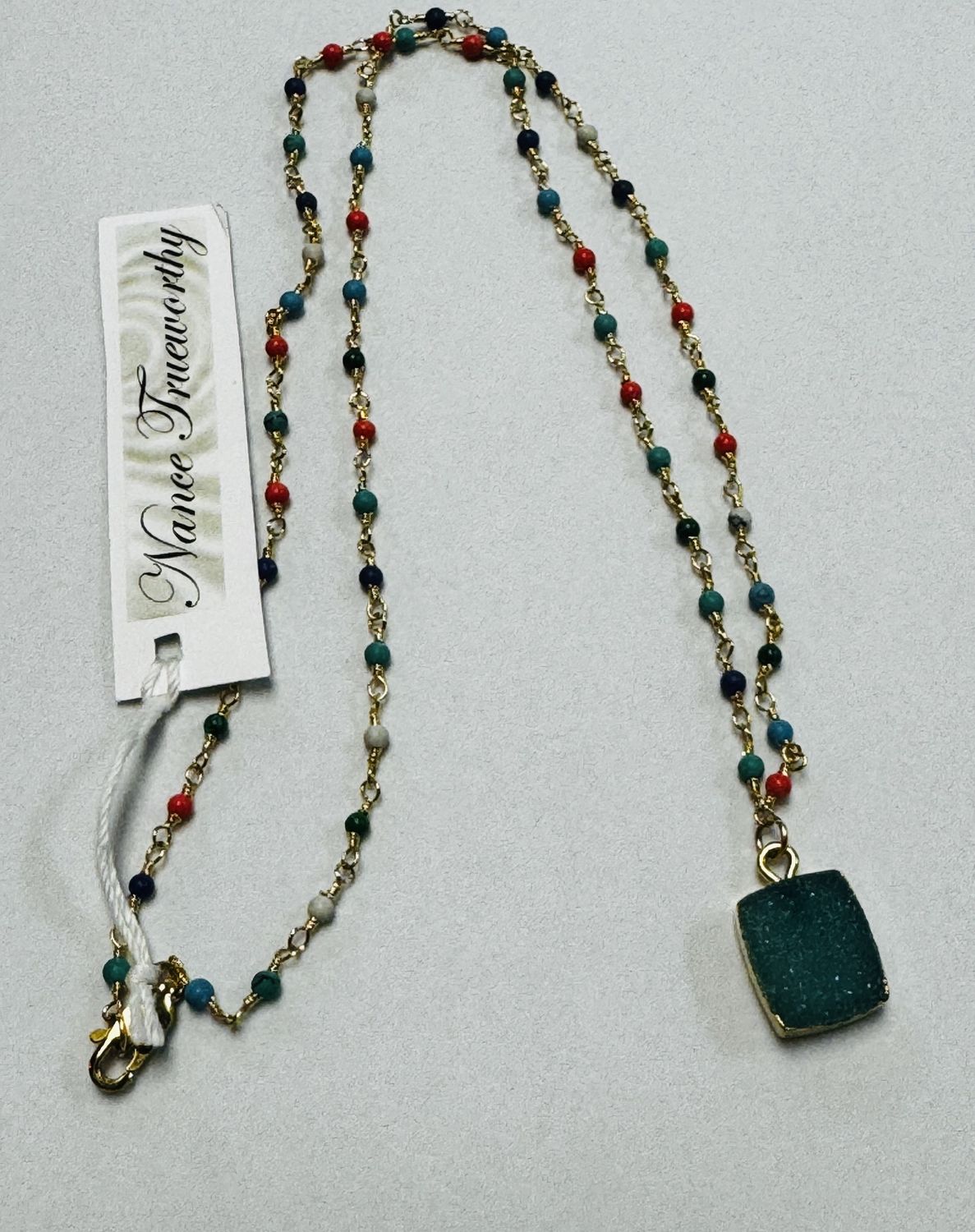 Trueworthy Necklace Multi Colored Gemstones Chain w/Blue Druzy