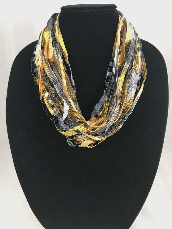 JA Collections Black &amp; Gold Fiber Ribbon Necklace 12&quot;