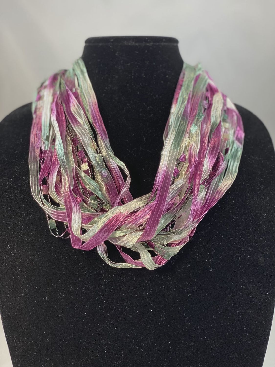 JA Collections Raspberry Sage Ribbon Fiber Necklace 12&quot;