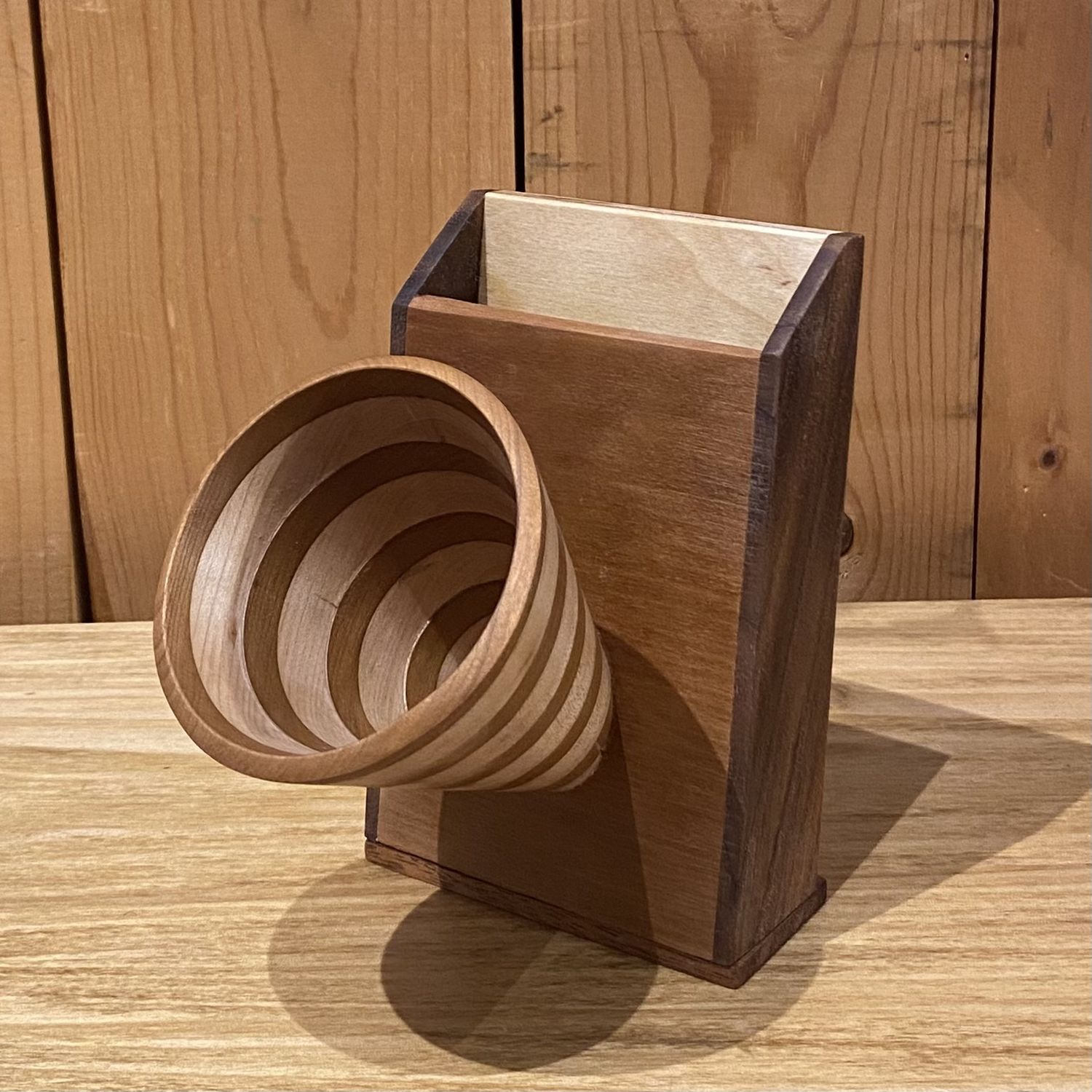 Sauvain Acoustic Amplifier Oak and Walnut Spiral Forward Slant