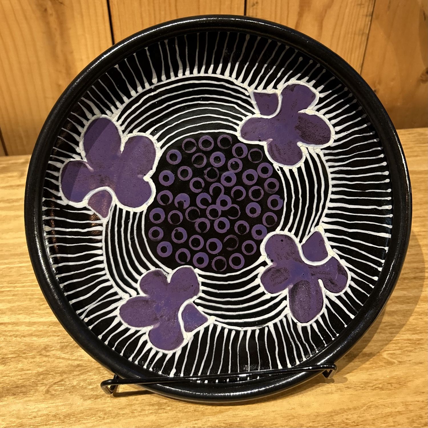 Okechukwu Bowl Black w/ Purple Leaves White Lines Purple Spots