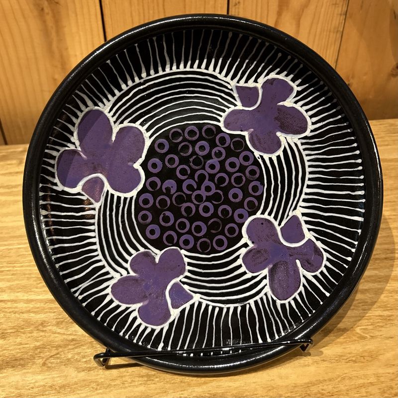 Okechukwu Bowl Black w/ Purple Leaves White Lines Purple Spots