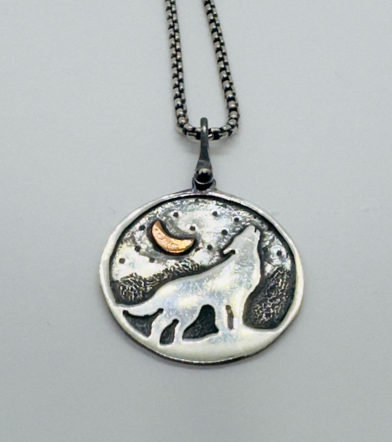 Gonzales Necklace Wolf Howling at Copper Moon