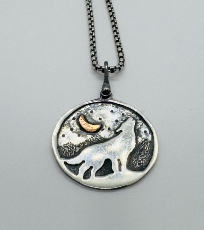 Gonzales Necklace Wolf Howling at Copper Moon