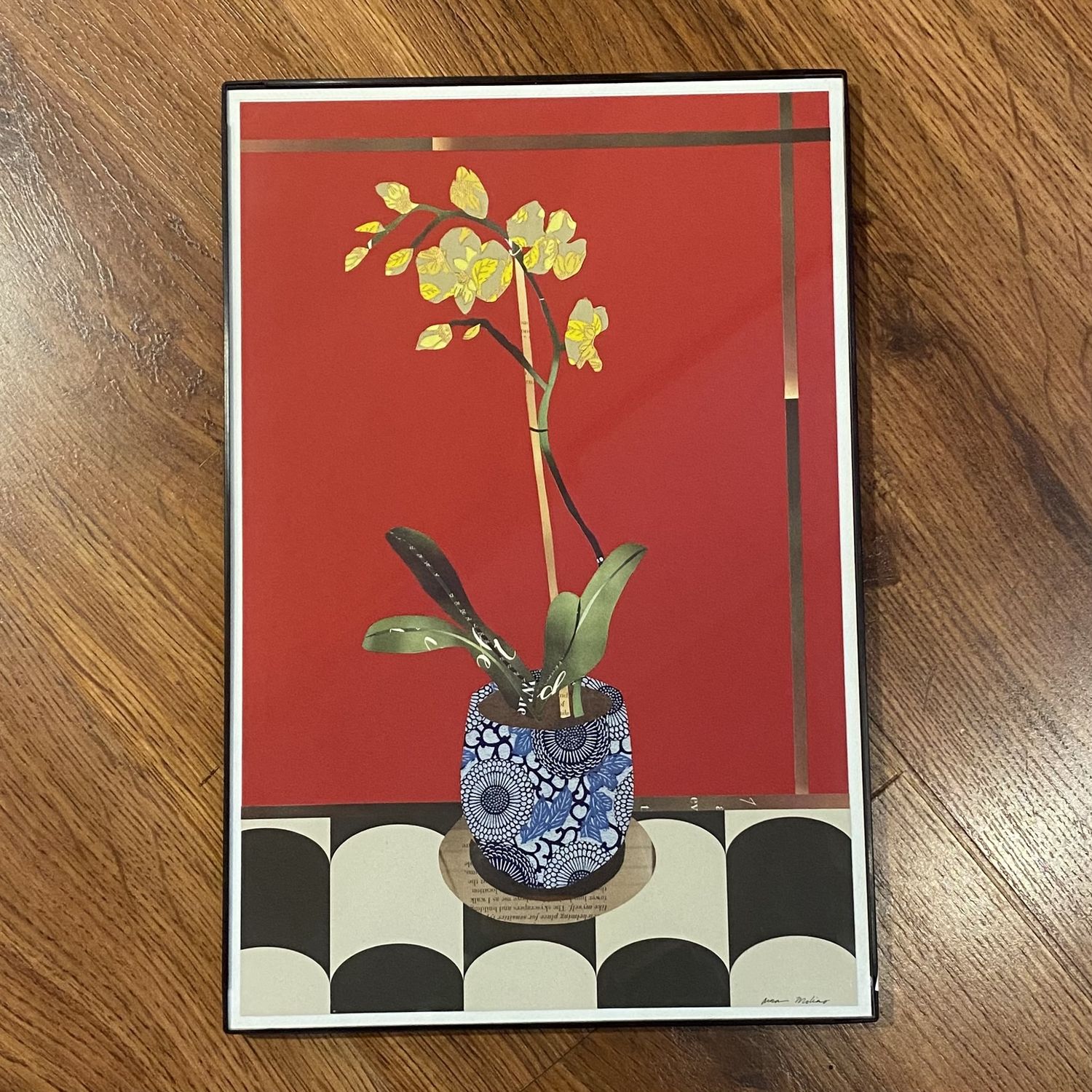 Molino Original Artwork Blue Vase Yellow Orchids