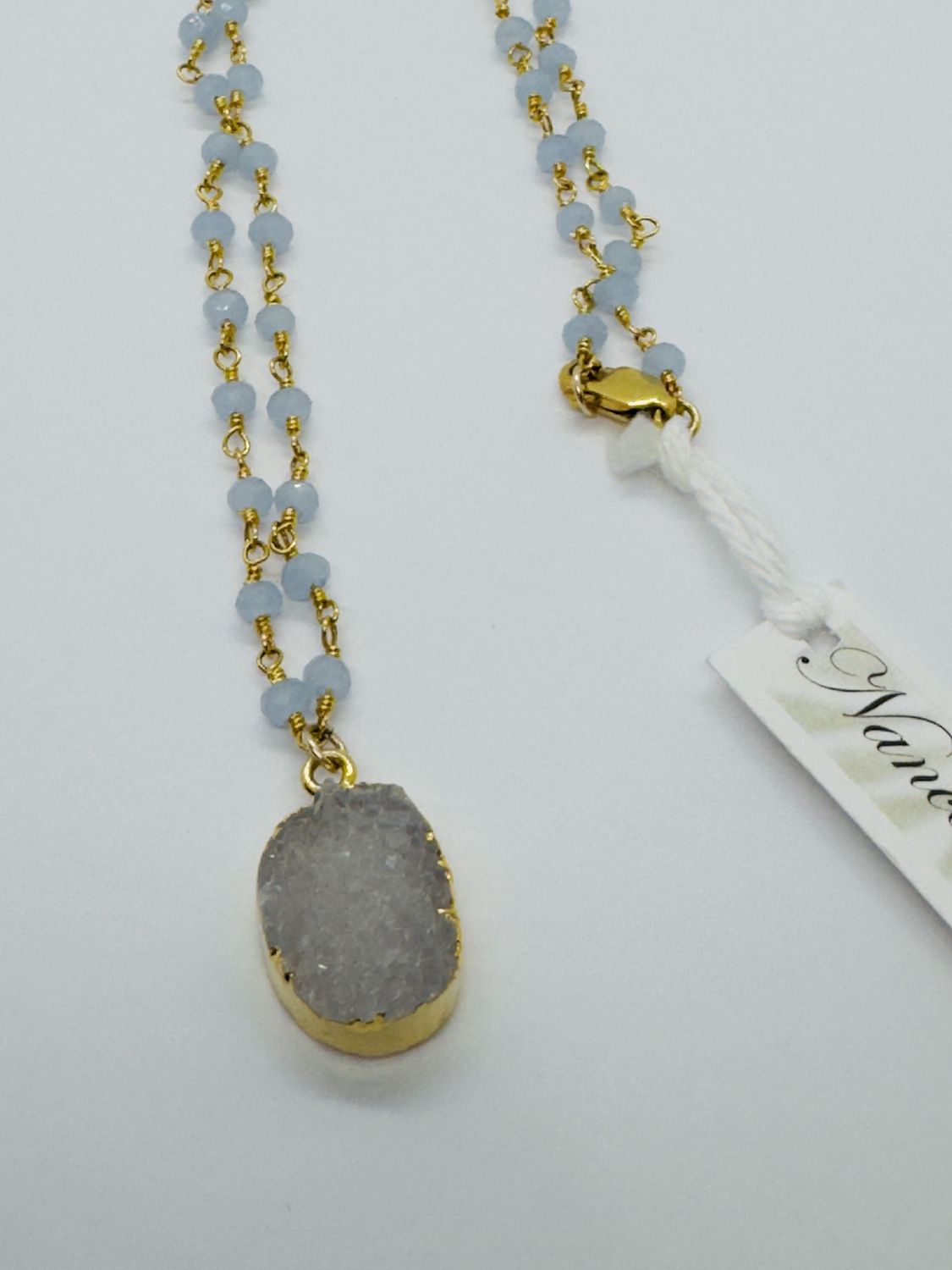 Trueworthy Necklace Aqua Chaledony Rosary Style with Oval White Druzy
