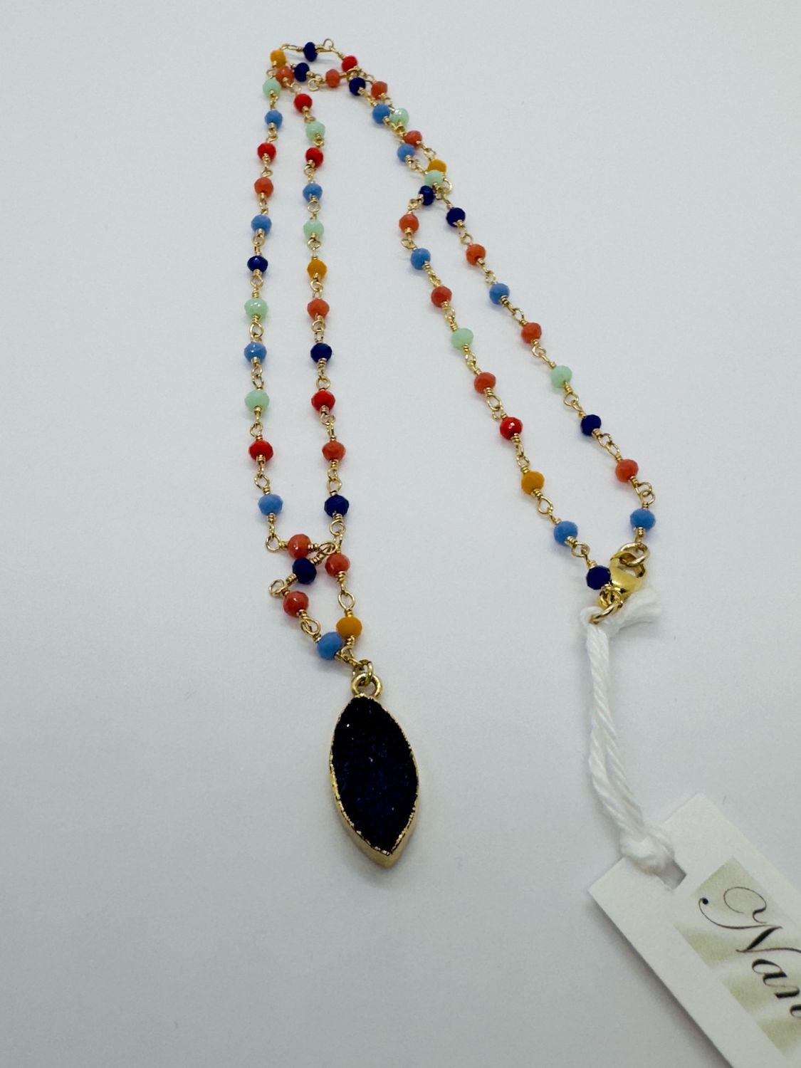 Trueworthy Necklace Multi Stone Rosary Style with Oval Navy Druzy