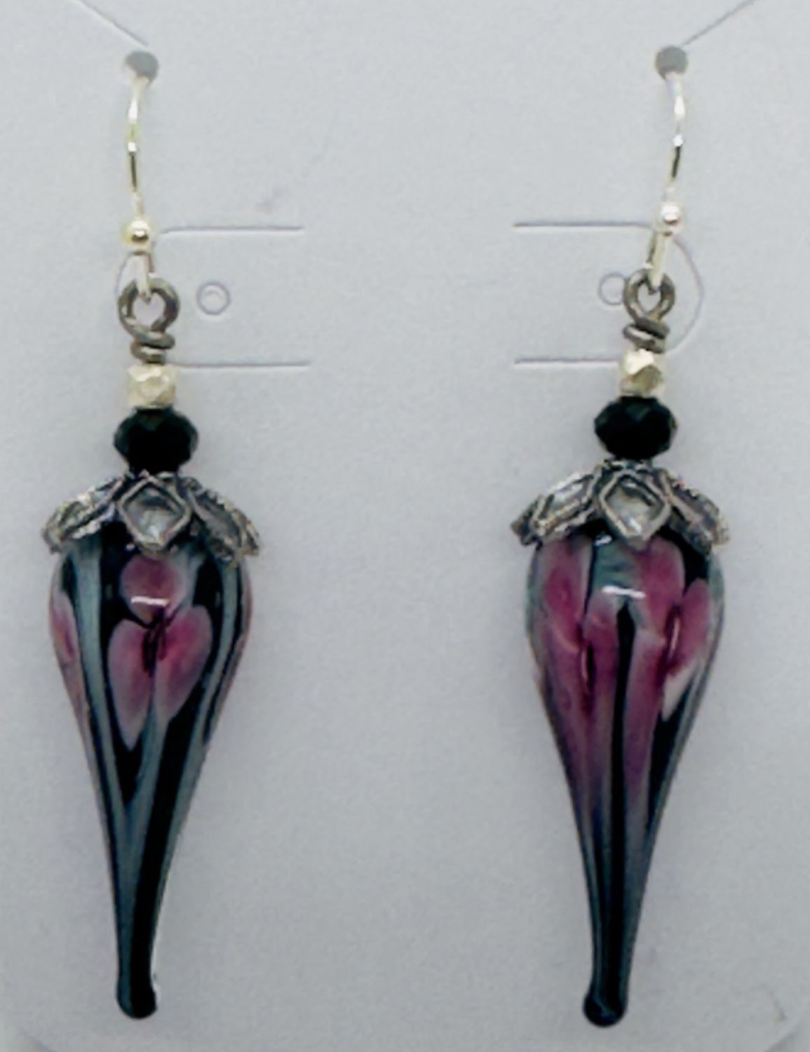 Whitney Earrings Black and Floral Lampwork with Swarovski Crystals