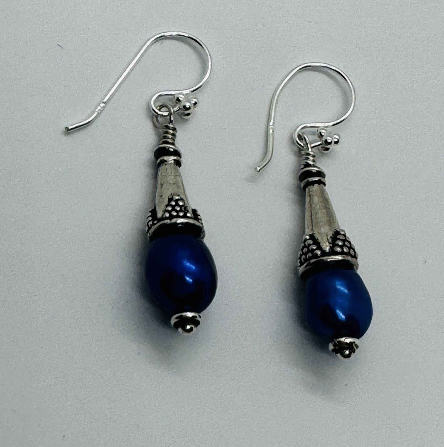Bourie Earrings Sterling Turkish Silver Cone over a Royal Blue Freshwater Pearl