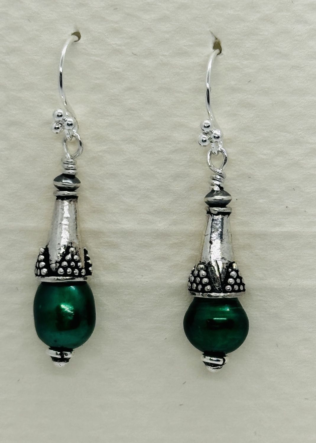Bourie Earring Turkish Silver Cone Top with Forrest Green Freshwater Pearl