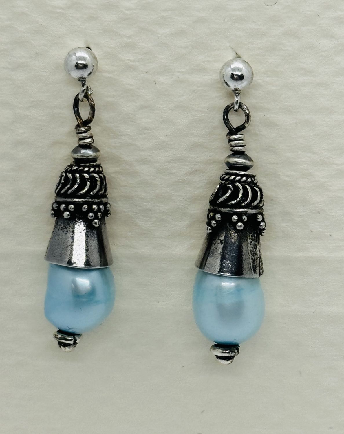 Bourie Earrings Turkish Silver Cone Over Aqua Freshwater Pearls