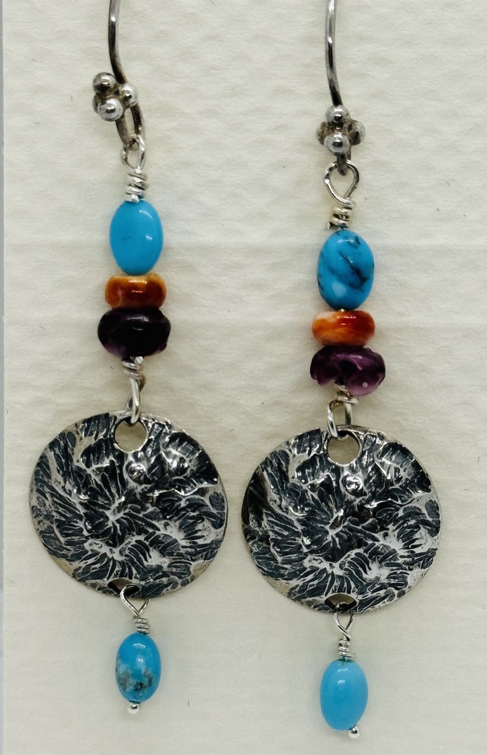 Bourie Earring Textured Disc Dangle With Kingman Turquoise ad Purple and Red Spiny Oyster