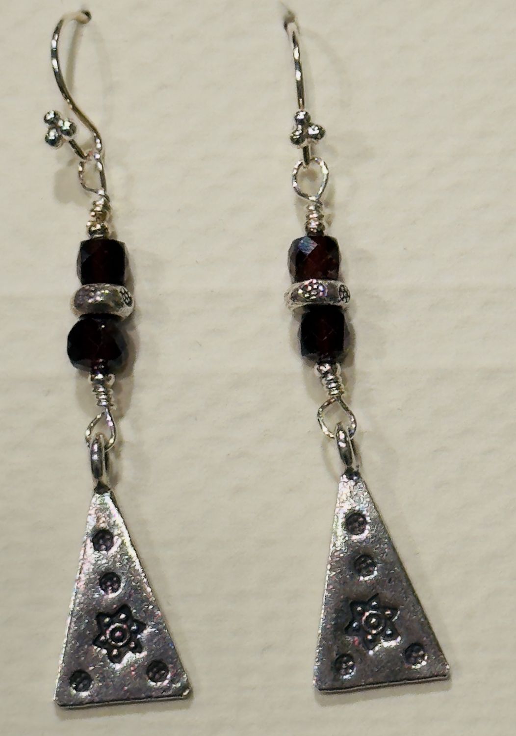 Bourie Earrings Hill Tribes Sterling Silver Engraved Triangles With Faceted Garnets