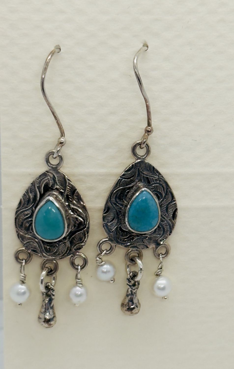 Bourie Earrings Silver Scroll and Turquoise With Freshwater Pearl On A Teardrop Dangle