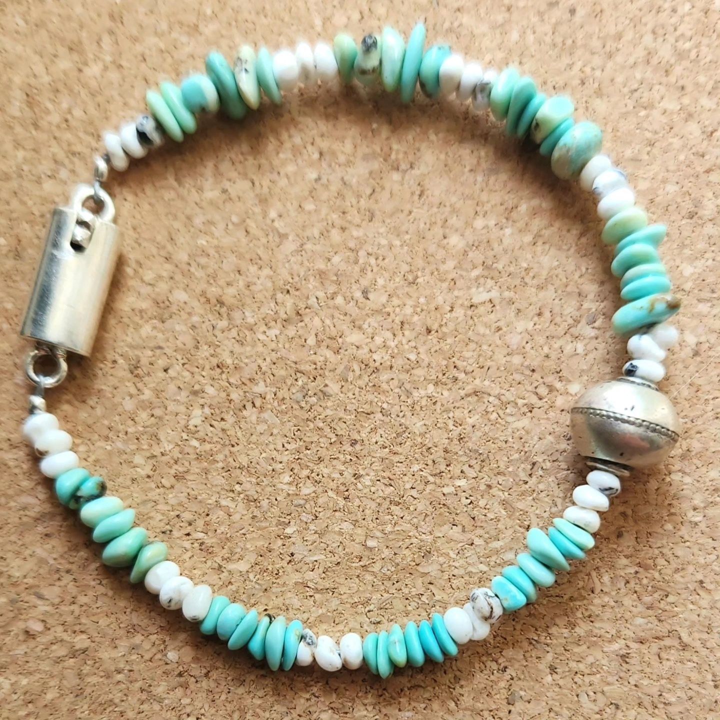 Bourie Bracelet Lone Mountain Turquoiseand White Buffalo Turquoise with Navajo Sterling silver Bead