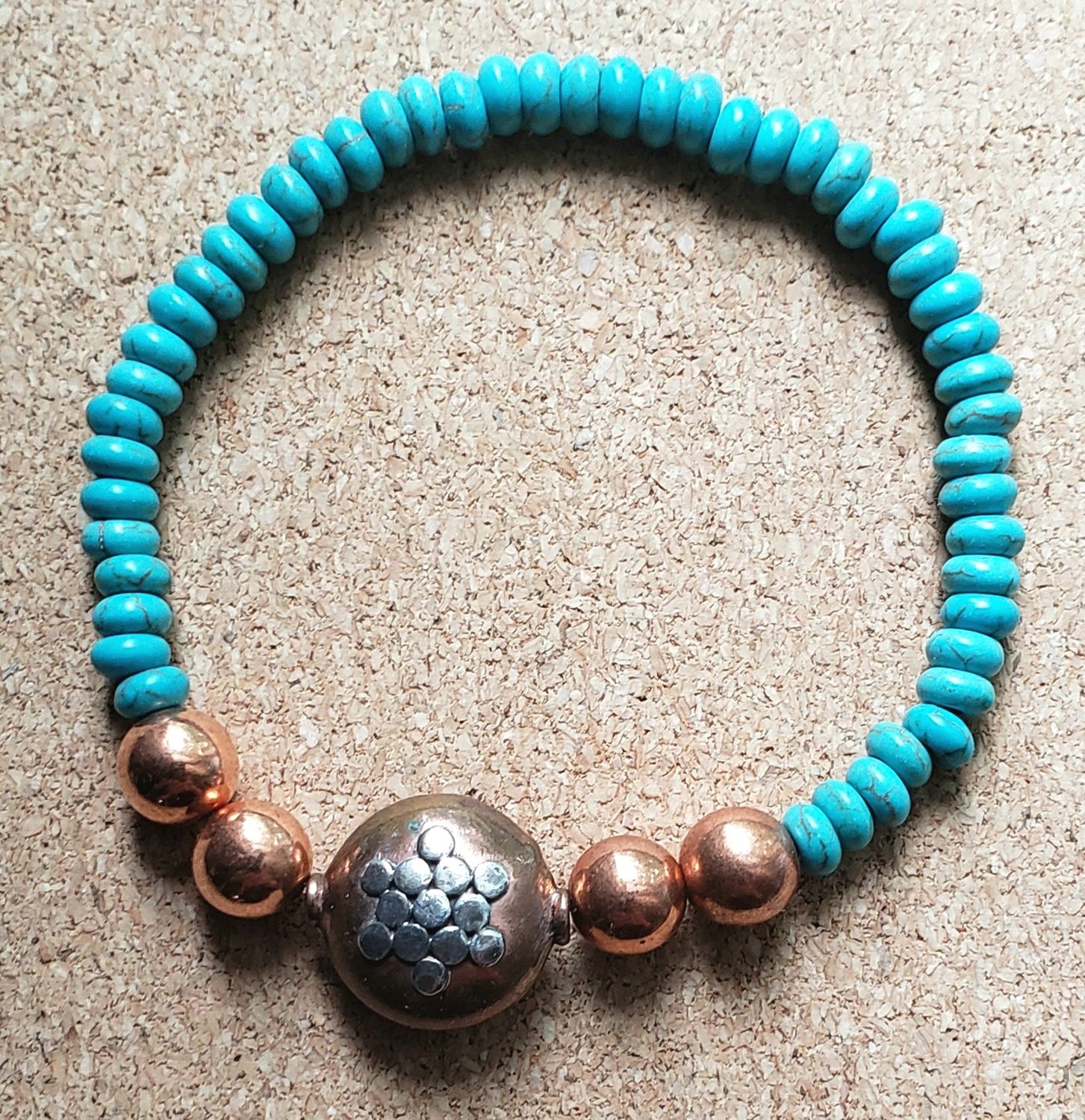 Bourie Bracelet Turquoise Stretchy with Silver and Copper Accents