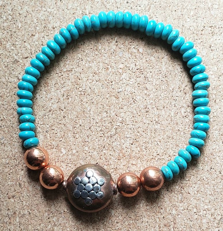 Bourie Bracelet Turquoise Stretchy with Silver and Copper Accents